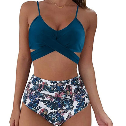 Hot 12 Colors Women Slim Bikini Sets High Waisted Sexy Swimwear 2 Pieces 2025 Solid/Floral Ruched Brazilian Swimsuit Cross Front