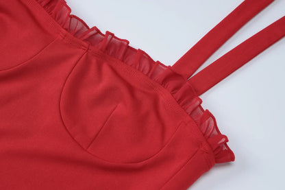 Hugcitar Elegant Solid Slips Ruffles Backless Bandage Patchwork Sexy Slim Mini Dress Summer Women Outfits Party Beach Festival