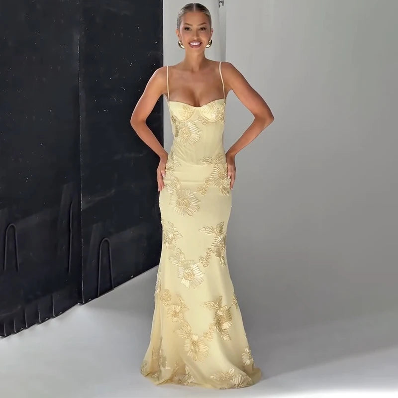 Women Elegant Printed Long Dress Chic Back Lace Up Slim Fish Tail Pendulum Sling Robes 2025 New Lady Party Club Evening Gowms