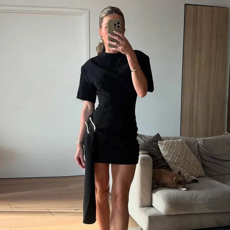 Women's new fashion temperament black metal buckle decoration round neck waist temperament commuter halfsleeved short drees