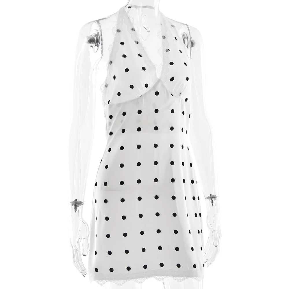 JULISSA MO Deep V-neck Print Polka Dot Halter Women Dress Backless Patchwork Lace Mini Dress Summer Slim Elegant Party Clubwear