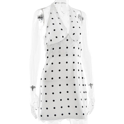 JULISSA MO Deep V-neck Print Polka Dot Halter Women Dress Backless Patchwork Lace Mini Dress Summer Slim Elegant Party Clubwear