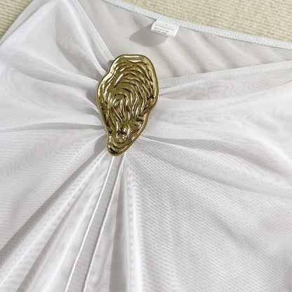 Vintage White Swimsuit Women Metal Oyster Buckle Push Up Mesh Long Skirt 3 Piece Bikini Set 2025 Holiday Bathing Suit Swimwear