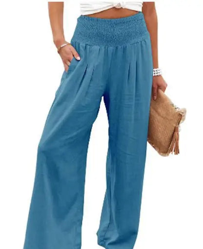 Women's casual pants with drawstring, mid waist, beach wide leg, spring and summer, European and American pants