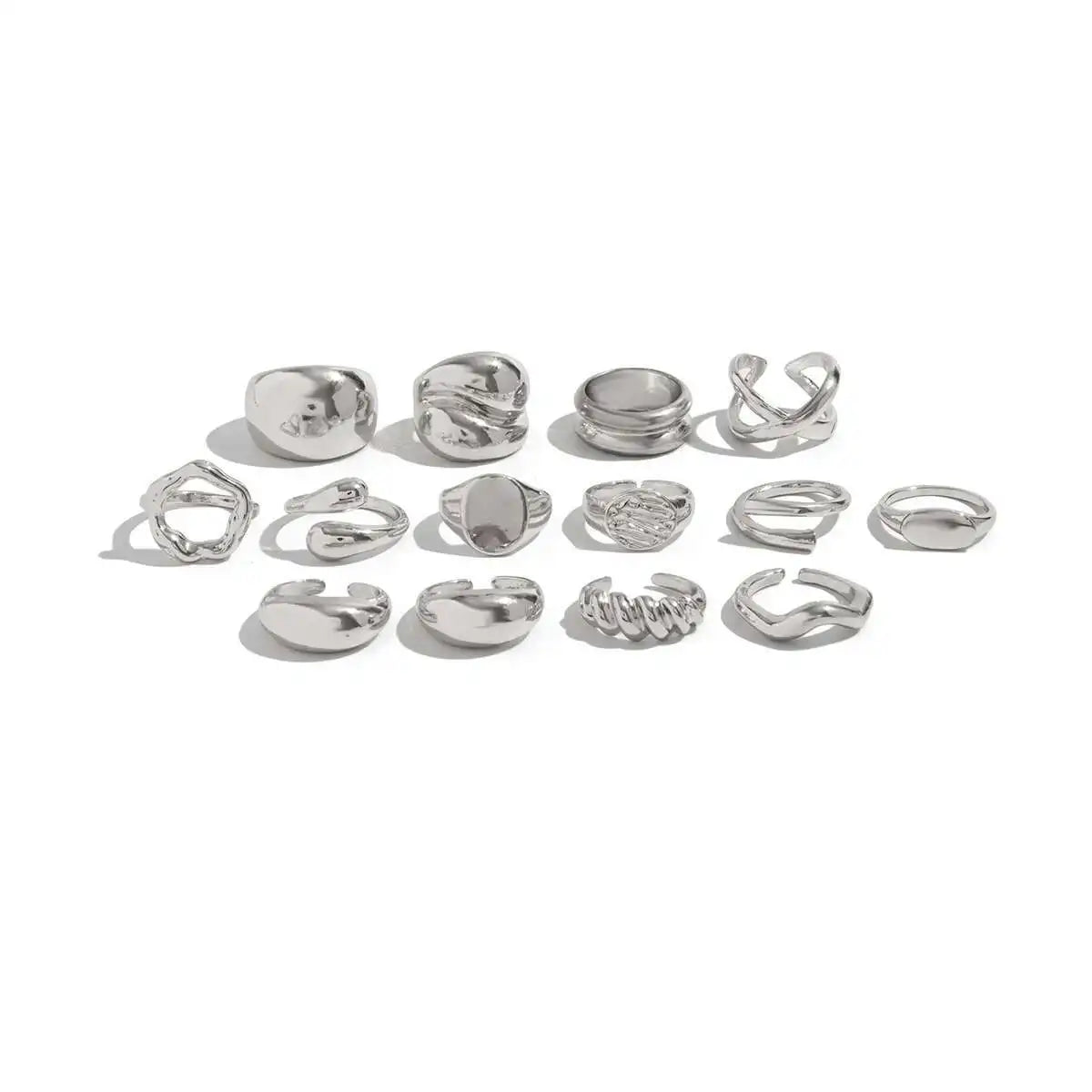 PuRui 14Pcs/Set Retro Creative Silver Color Rings for Women Men Gothic Chunky Thick Hollow Rings Finger Open Adjustable Jewelry