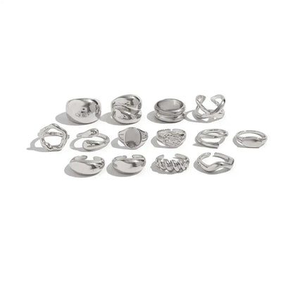 PuRui 14Pcs/Set Retro Creative Silver Color Rings for Women Men Gothic Chunky Thick Hollow Rings Finger Open Adjustable Jewelry