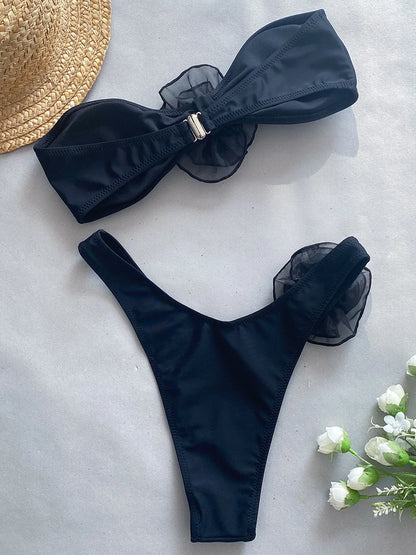 3D Flowers Brazilian Strapless Bandeau Bikini Female Swimsuit Women Swimwear Two-pieces Bikini Set High Cut Bathing Suit Swim