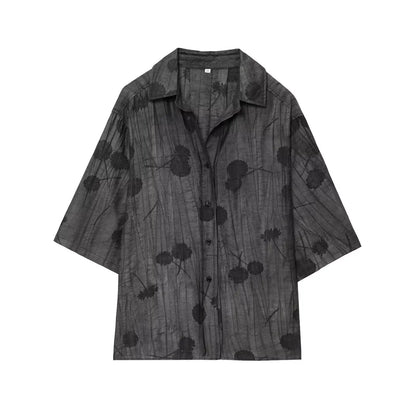 Women Print Long Pants Sets For Women Lapel Half Sleeve Single Breasted Shirts + High Waist Lace-Up Wide Leg Pants