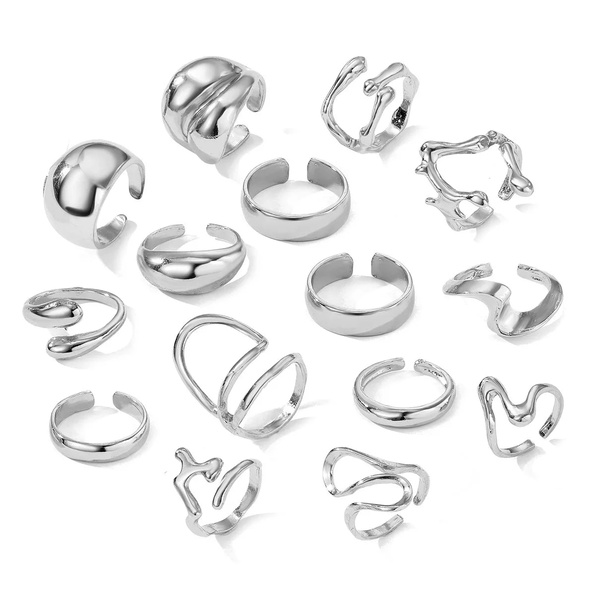 15Pcs/Set Exaggerated Metal Irregular Lines Water Droplet Smooth Rings for Women Men Punk Retro Boho Fashion Jewelry Gift