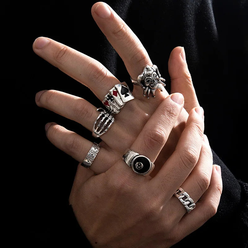 6Pcs Punk Poker Joker Silver Color Rings for Men Goth Skeleton Billiards Set Couple Emo Fashion Jewelry Anillos Hombre