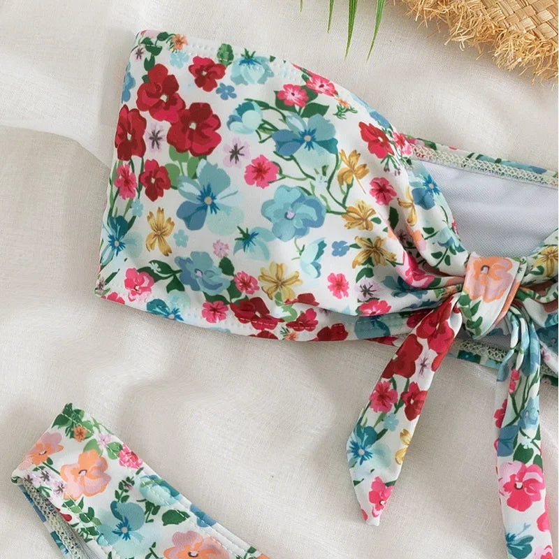 Floral Print Bandeau Bikini Set Off Shoulder Push Up Swimsuit Women Tube Top Bikinis Knot Swimwear 2024 Sexy Summer Bathing Suit