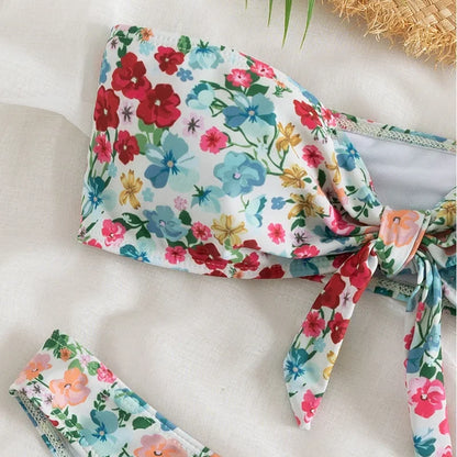 Floral Print Bandeau Bikini Set Off Shoulder Push Up Swimsuit Women Tube Top Bikinis Knot Swimwear 2024 Sexy Summer Bathing Suit