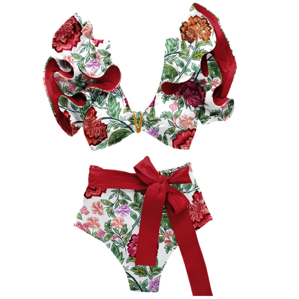 Two-Pieces Women Floral 2025 Push-Up Padded Bra Ruffles Bandage Bikini Set Swimsuit Swimwear Bathing Suit Beachwear Biquini