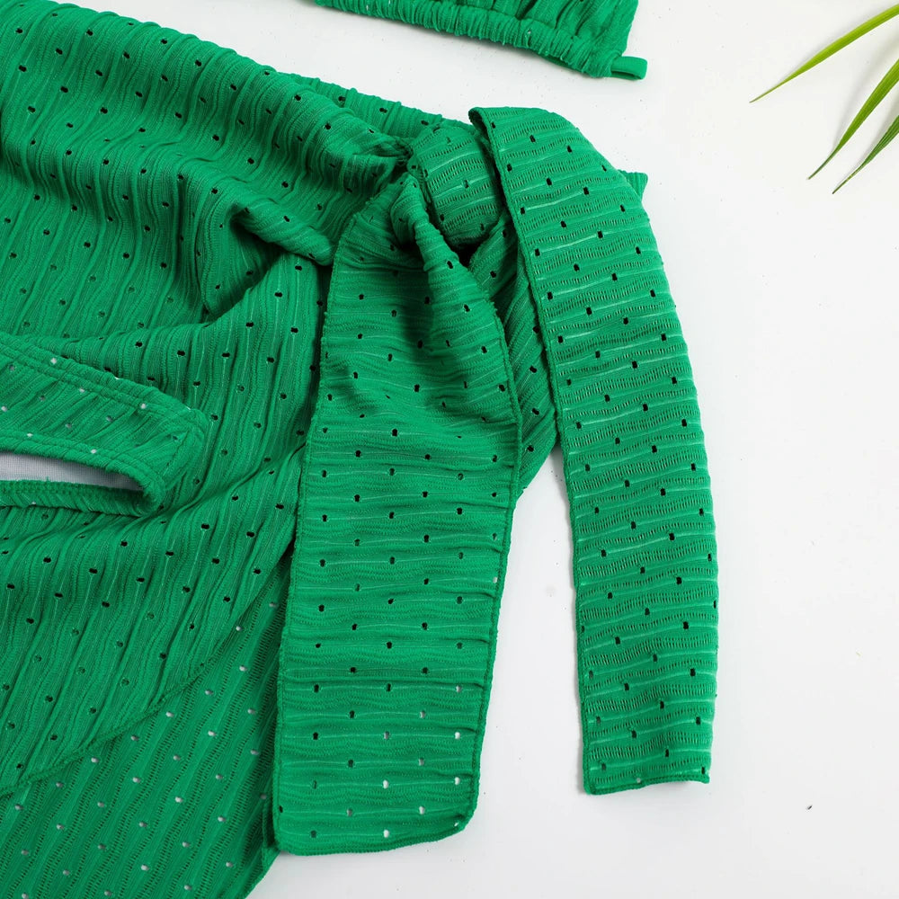 2025 Summer Halter Bikini 3 Pieces Women Special Material Sexy Thong Swimwear With Sarong Skirt White/Black/Pink/Green Beachwear