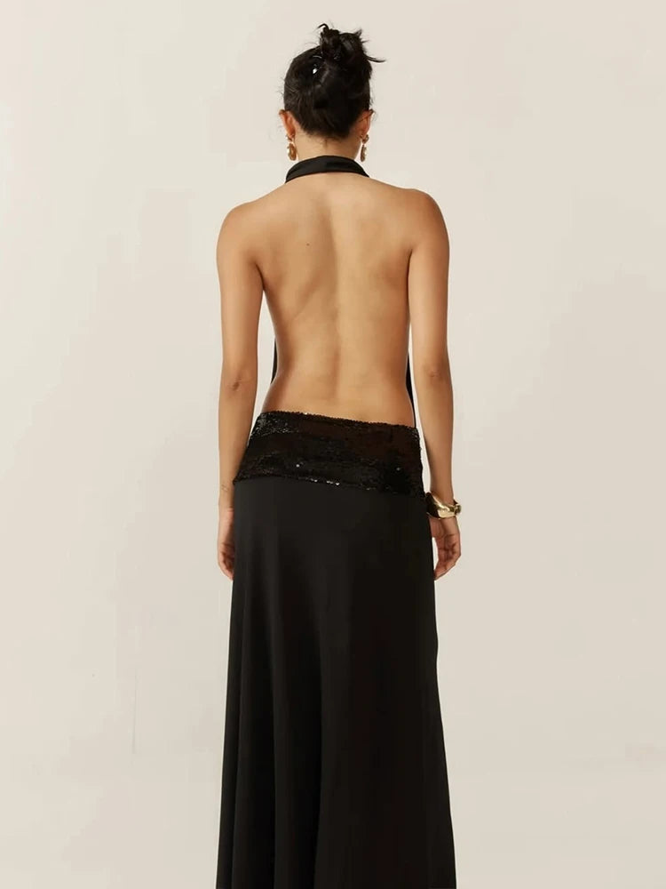 Sisterlinda Backless Fashion Dresses Elegant Halter Patchwork Draped Maxi Bodycon Female Solid Simple Evening Party Frock New