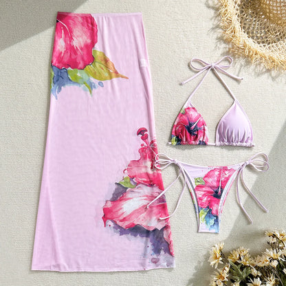 2025 New Flower Print Bikini Set Women's High Waist Long Skirt 3 Piece Swimsuit Sexy Mini Triangle Backless Thong Bathing Suit