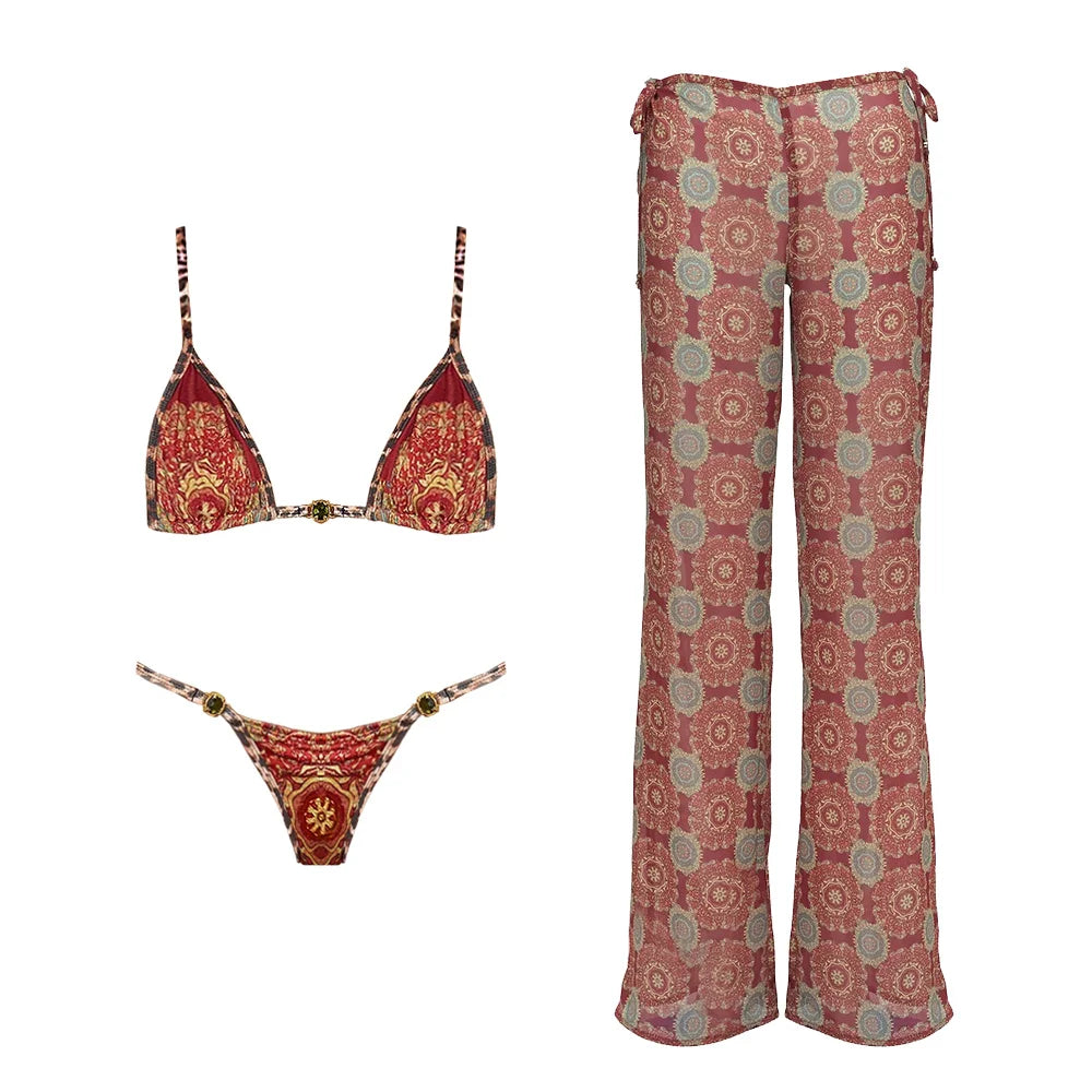 2025 New High Quality Elegant One Piece Swimsuit And Skirt Print Deep-V Lace-up Women Bikini Set Swimwear Party Bathing Suit