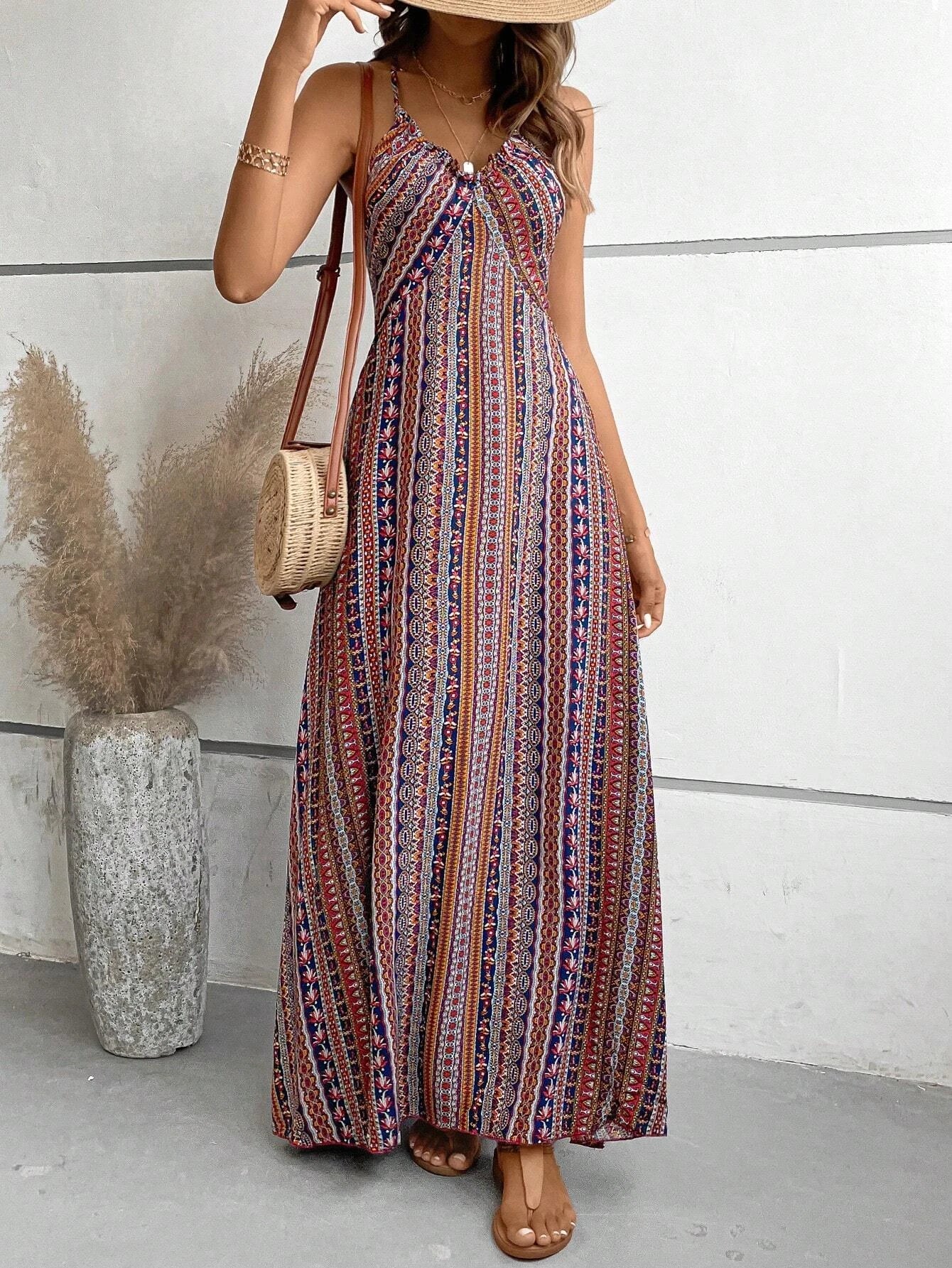 Women's Summer Ethnic Pattern Backless Split Thigh Dress Ladies Summer Clothes Boho Fashion Frill Trim Long Dress for Beach