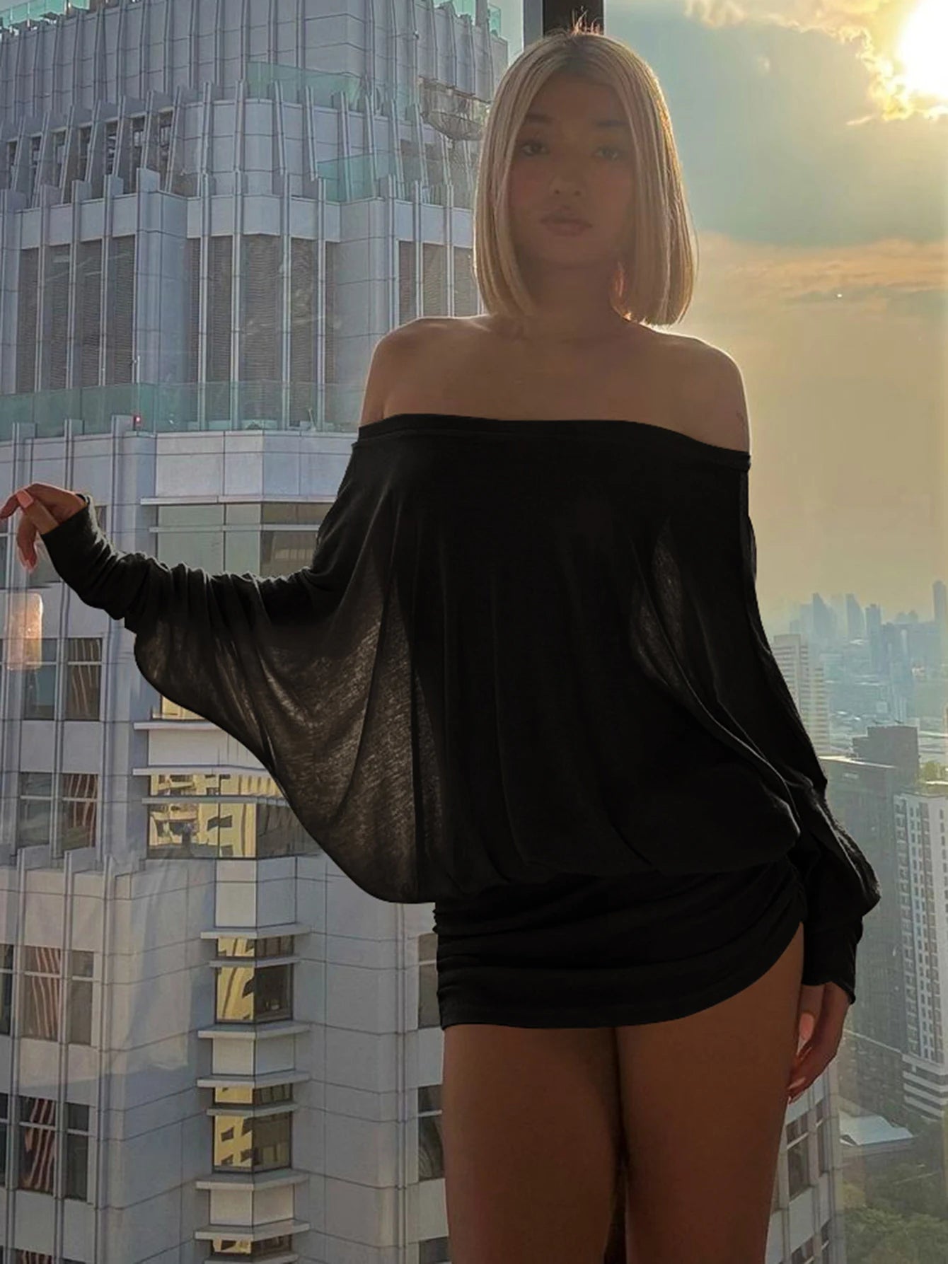 Dulzura Off Shoulder Long Sleeves Ruched Patchwork Mini Dress Women’S Sexy Elegant Casual Outfit Party Clubwear Spring Summer