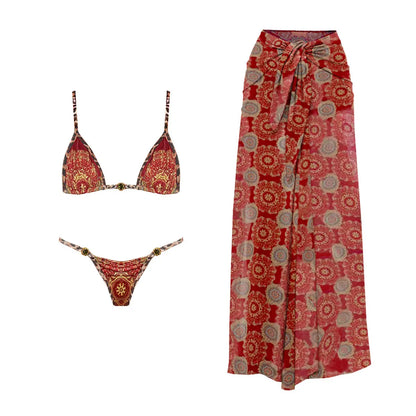 2025 New High Quality Elegant One Piece Swimsuit And Skirt Print Deep-V Lace-up Women Bikini Set Swimwear Party Bathing Suit