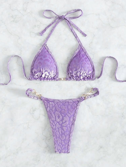 Shiny Pink Micro Bikini 2025 Mujer Women Sexy PU Pearls Push Up Thong Swimsuit Summer Bathing Suit Bandage Holiday Swimwear