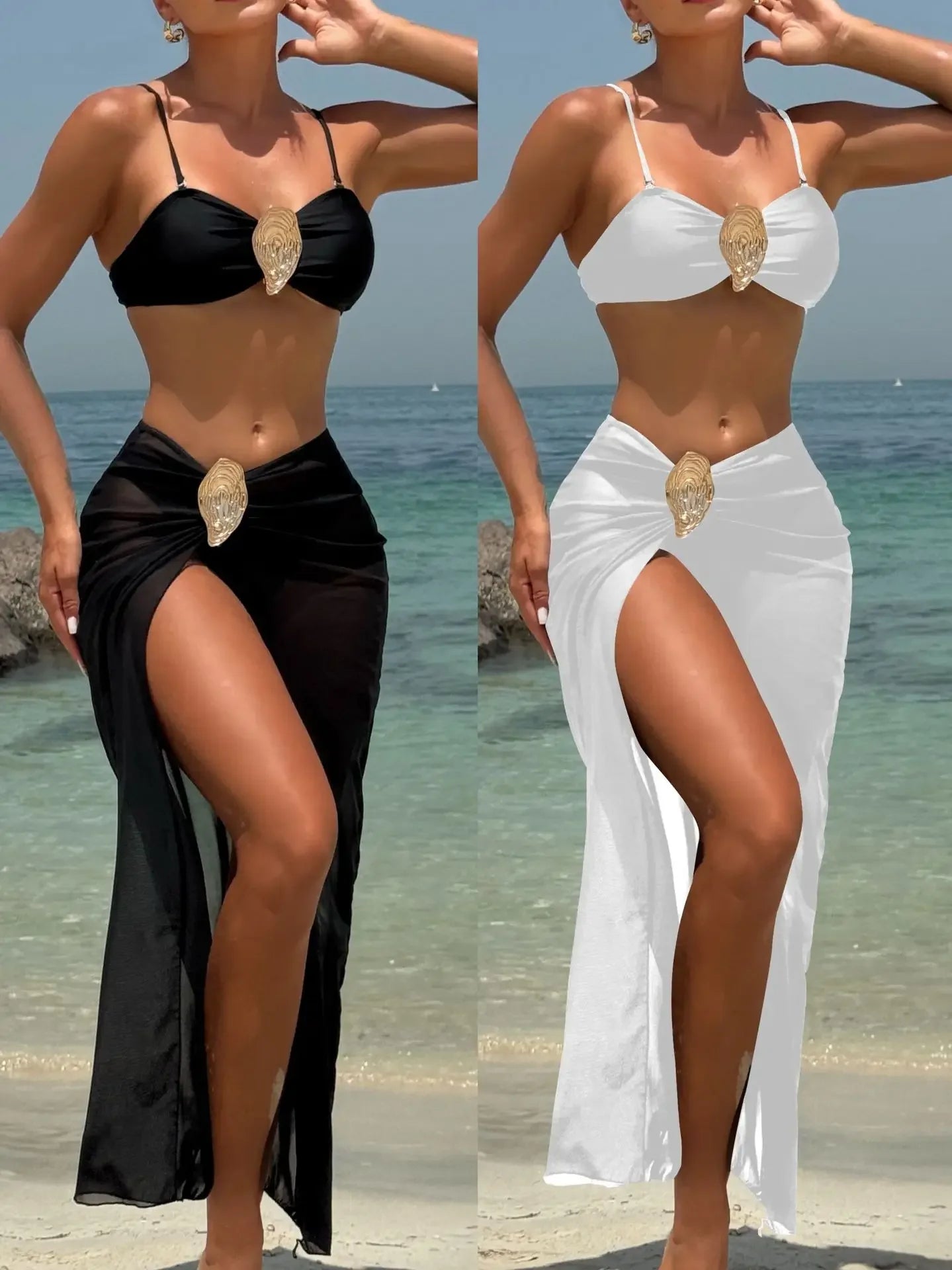 Vintage White Swimsuit Women Metal Oyster Buckle Push Up Mesh Long Skirt 3 Piece Bikini Set 2025 Holiday Bathing Suit Swimwear