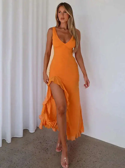 Avrilyaan Ruffle High Split Sexy Dress Women 2024 Robes Elegant Evening Summer Dress Backless Party Long Midi Dress Vestidos