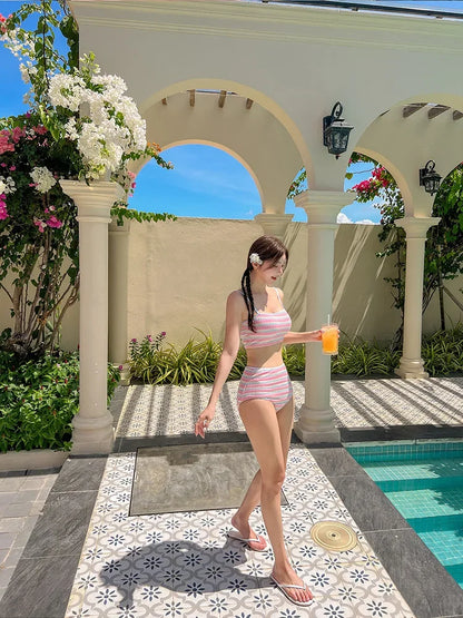 Retro Striped Bikini Set Women's Fresh Style Skirt Type Separate Swimming Suits Chinese Brand Summer Beachwear Swimwear