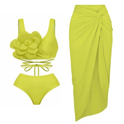 2025 3D Flower Bikini Set With Cover Up Luxury Swimsuit Women Sexy Floral Swimwear High Waist Monokini Desire Bodysuit Swim Suit