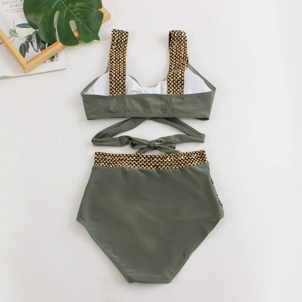 Cross High Waist Bikinis 2025 Women Black Swimwear Solid Swimsuit Female Beachwear Summer Bathers Bathing Suit Swimming