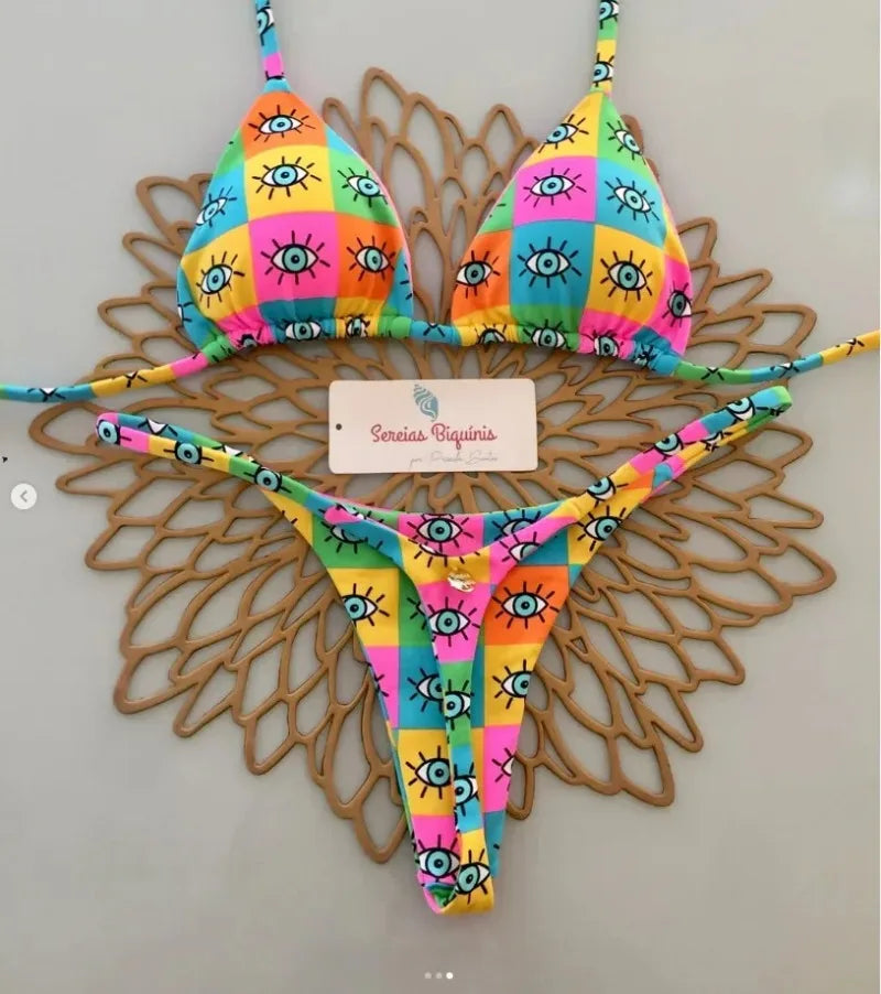 Print Sexy Bikini Sets Halter Lace-up Tops Thongs Beach Style Bathing Suit Y2k Swimsuits Women Beachwear Купальник Женский 2025