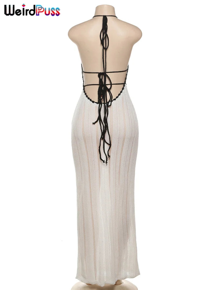 Weird Puss Sexy Elegant Halter Dress Women Summer Backless Lace-Up Color-Block Sleeveless Trendy Nightclub Wild Fashion Clothing