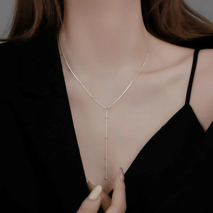 LATS Gold Color Double Layered Long Tassel Chain Necklaces for Women Simple Metal Geometric Bead Choker Necklace Fashion Jewelry