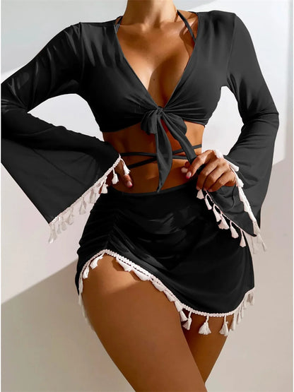 S - XL With Tassel Skirt Long Sleeve Bikini Women Swimwear Female Swimsuit Four-pieces Bikini set Bather Bathing Suit Swim V7060