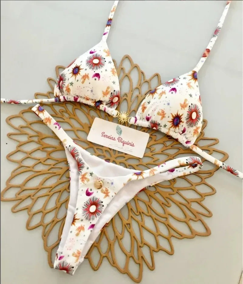 Print Sexy Bikini Sets Halter Lace-up Tops Thongs Beach Style Bathing Suit Y2k Swimsuits Women Beachwear Купальник Женский 2025