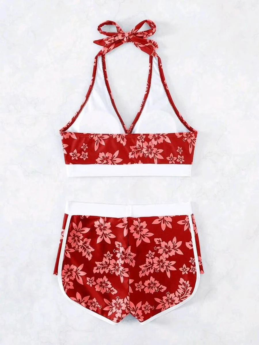 2025 Halter Sporty Bikinis Printed Swimsuit Women High Waist Shorts Swimwear Female Bathers Bathing Swimming Swim Suit Beachwear