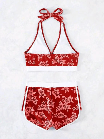 2025 Halter Sporty Bikinis Printed Swimsuit Women High Waist Shorts Swimwear Female Bathers Bathing Swimming Swim Suit Beachwear