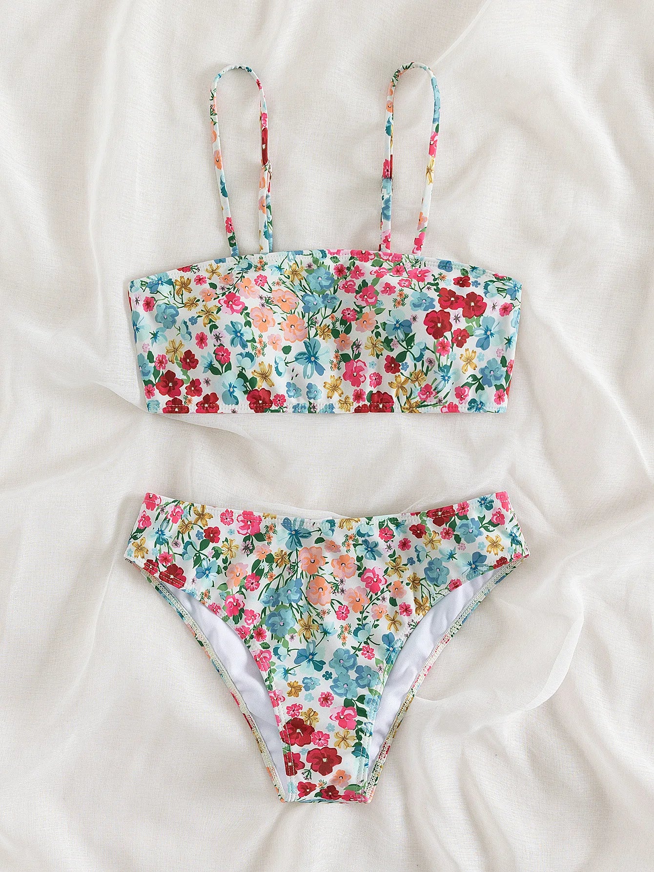 Floral Print Bandeau Bikini Set Off Shoulder Push Up Swimsuit Women Tube Top Bikinis Knot Swimwear 2024 Sexy Summer Bathing Suit