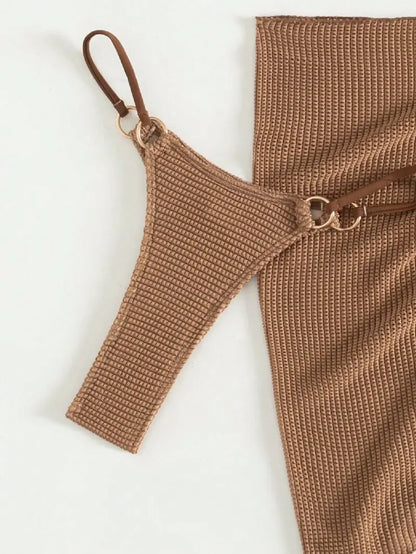 Sexy Brown Bikini Set 2025 Women Halter Push Up Bra Skirt 3 Piece Swimsuit Summer Bathing Suit Cover Up Thong Swimwear Biquini