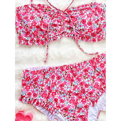 Flowers Printed Bandeau Female Swimsuit High Waist Bikini Women Swimwear Two-pieces Bikini set Bather Bathing Suit Swim V6613