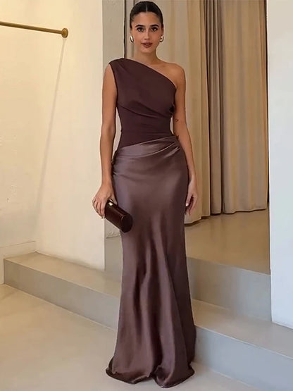 Satin Patchwork One-Shoulder Sexy Maxi Dress Women Sleeveless Ruched Bodycon Dress 2025 New Elegant Wedding Evening Party Robes