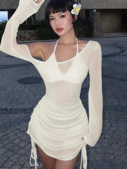 Dulzura Solid Skew Collar Ruched Straps Lace-Up See Through Draw String Mini Dress 2023 Summer  Women Party Clubwear Wholesale