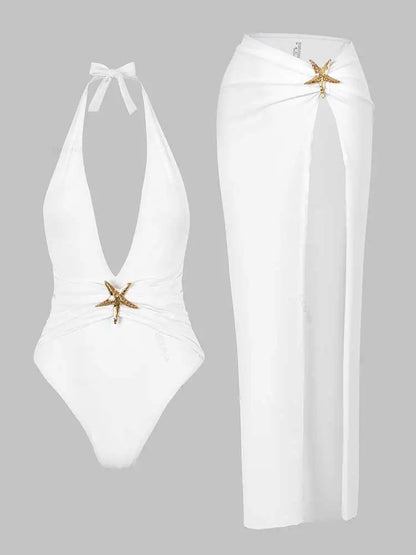 Starfish One Piece Bathing Suits with High Split Skirt Cover ups 2 Piece Swimsuits for Elegant Women Sexy Halter Bikini Sets K59
