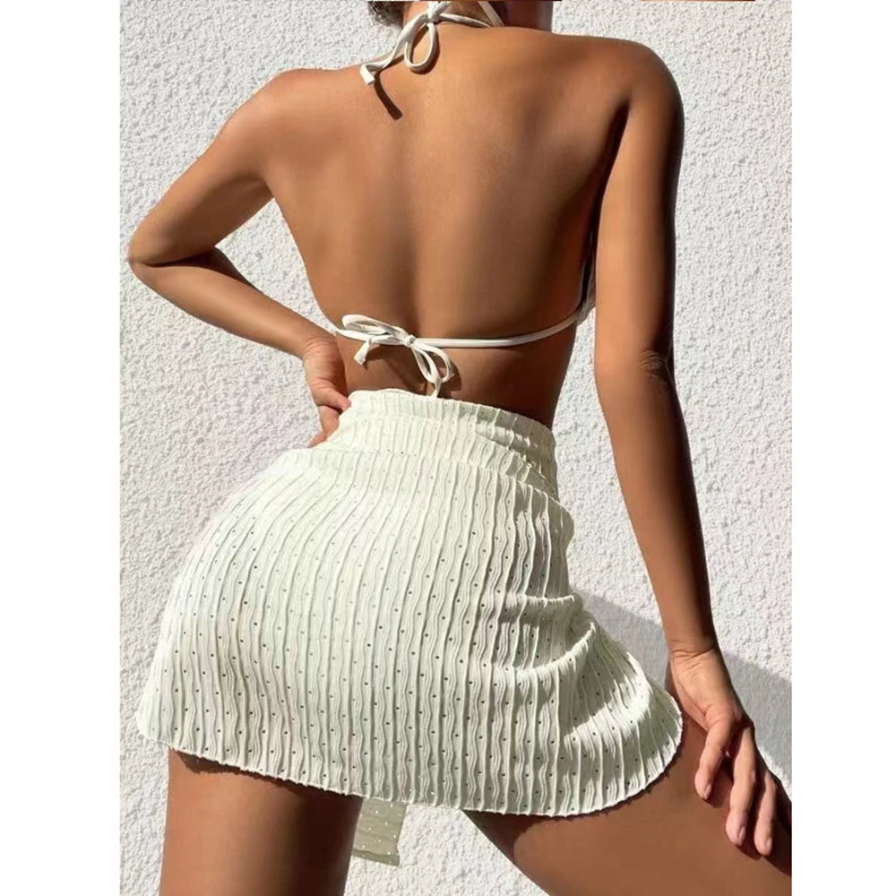 2025 Summer Halter Bikini 3 Pieces Women Special Material Sexy Thong Swimwear With Sarong Skirt White/Black/Pink/Green Beachwear