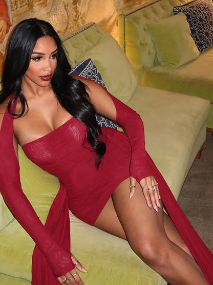 kliou Mesh Simple Women Mini Dress Fashion Solid Strapless Ribbons Tassel Body-shaping Vestidos+Seperately Full Sleeve Gloves