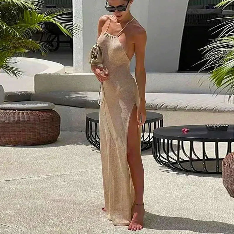 Para Praia Knitted Cover Up Beach Dress Sexy See Through Slit Bodycon Summer Dress Bikinis Cover-ups  Elegant Halter Beachdress