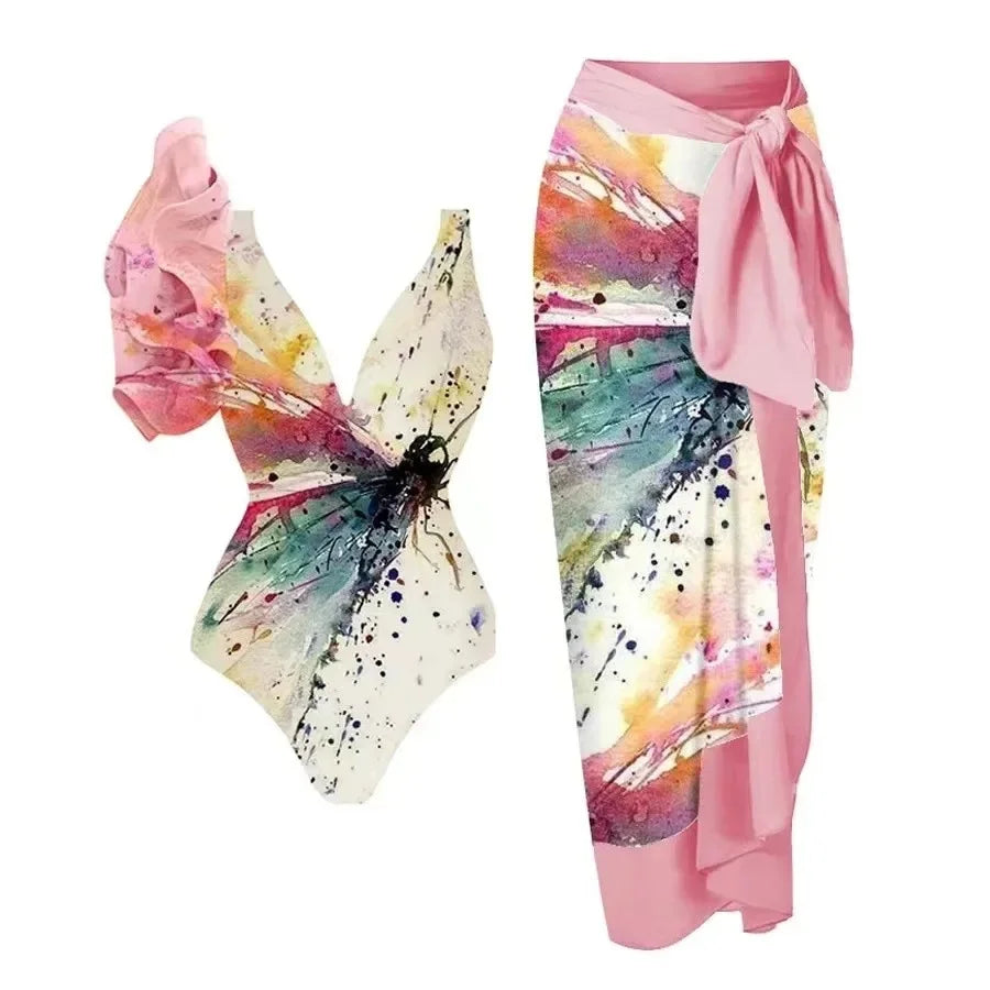 Conservative Bikini One-Piece Swimsuit with Beach Skirt Shantung Wrap for Hot Springs Women's Fashion Swimming Costume