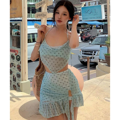 Women's Mint Mambo Bikini Set Luxury Skirted Two-Piece Swim Dress with Push-Up Top Slimming Hot Spring Resort Swimwear