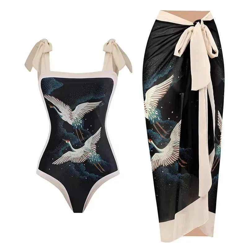 Conservative Bikini One-Piece Swimsuit with Beach Skirt Shantung Wrap for Hot Springs Women's Fashion Swimming Costume