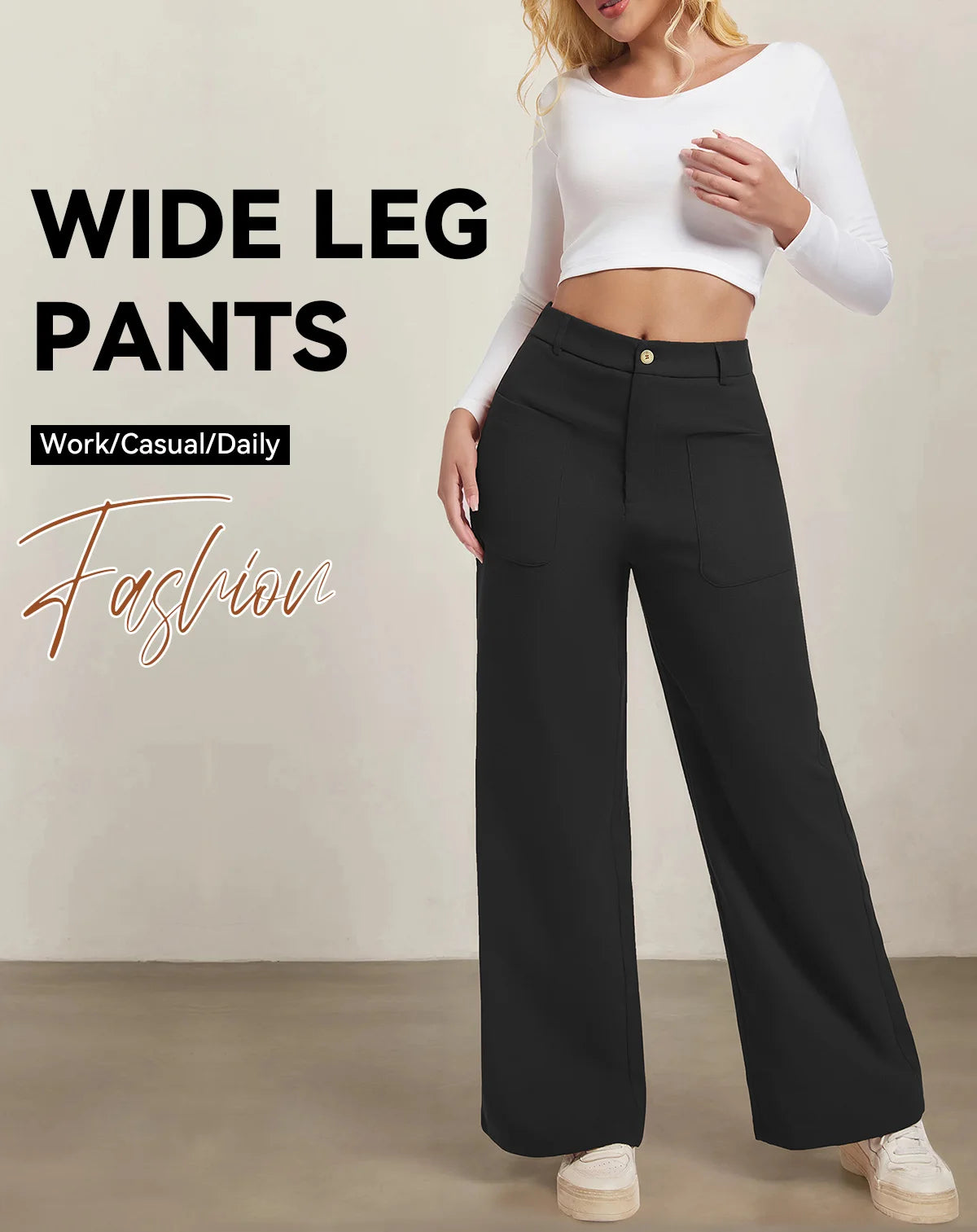 Women's Plain Pocket Button Front Wide Leg Pants, Casual High Waist Trousers for Daily Wear, Ladies Bottoms for All Seasons